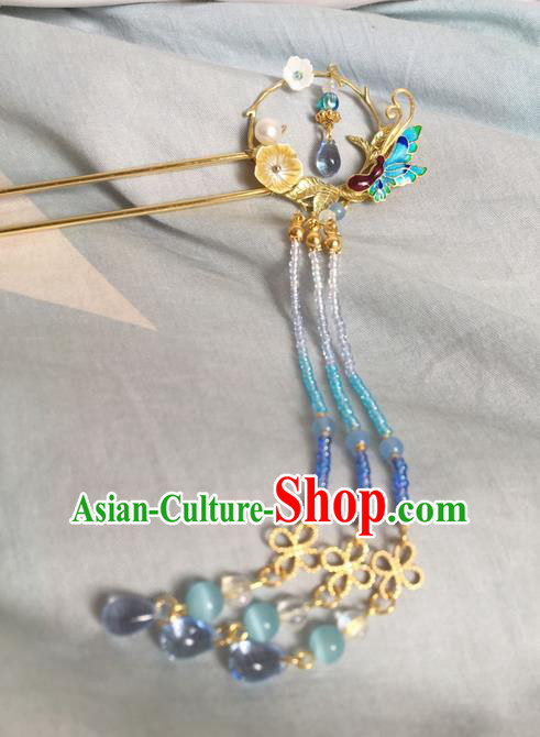 Asian Chinese Traditional Headdress Cloisonne Butterfly Hair Accessories Hairpins, China Ancient Handmade Bride Hanfu Tassel Step Shake Headwear for Women