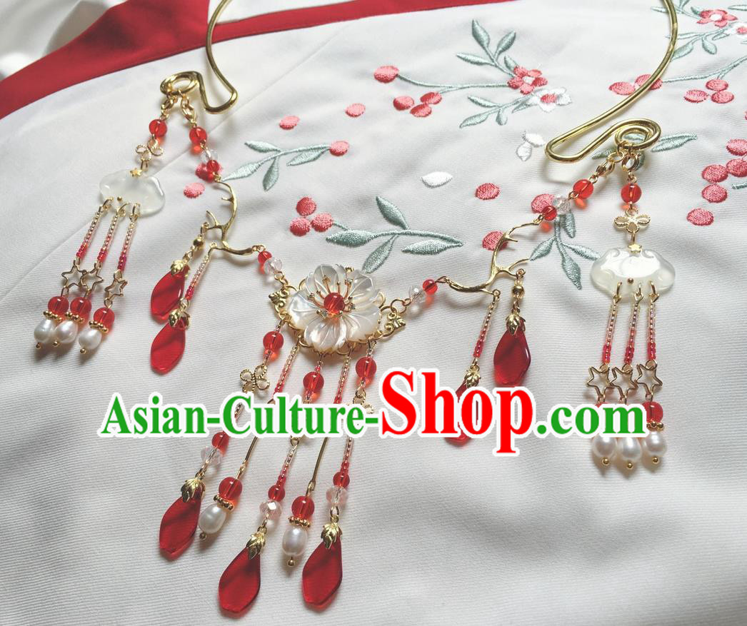 Asian Chinese Traditional Headdress Red Crystal Tassel Necklace, China Ancient Handmade Bride Hanfu Xiuhe Suit Collar Necklet for Women