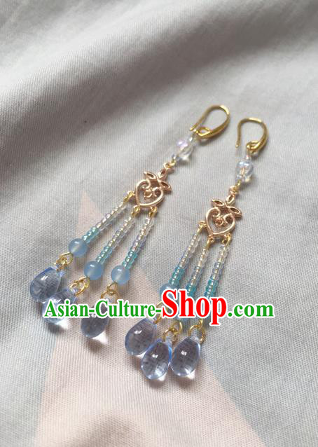 Asian Chinese Traditional Headdress Beads Tassel Earrings, China Ancient Handmade Bride Hanfu Blue Crystal Eardrop for Women