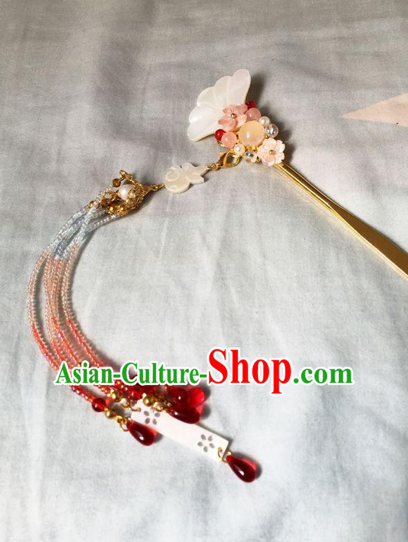 Asian Chinese Traditional Headdress Red Beads Hair Accessories Hairpins, China Ancient Handmade Bride Hanfu Step Shake Hair Stick Headwear for Women