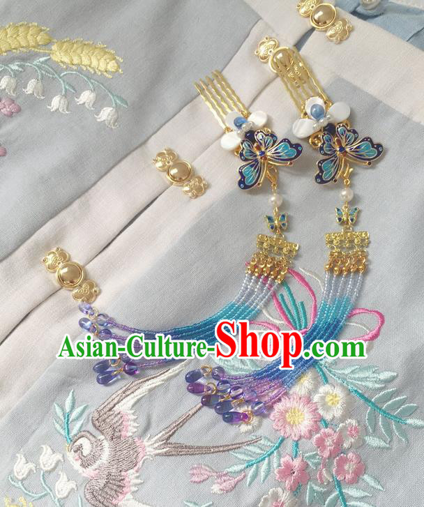 Asian Chinese Traditional Headdress Blueing Butterfly Beads Hair Accessories Hairpins, China Ancient Handmade Bride Hanfu Tassel Step Shake Headwear for Women