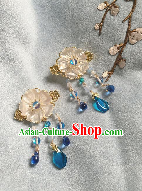 Asian Chinese Traditional Headdress Blue Crystal Hair Accessories Hairpins, China Ancient Handmade Bride Hanfu Tassel Step Shake Headwear for Women