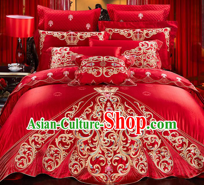 Traditional Asian Chinese Style Wedding Article Palace Lace Qulit Cover Bedding Sheet Complete Set, Embroidered Ombre Flowers Satin Drill Eleven-piece Duvet Cover Textile Bedding Suit