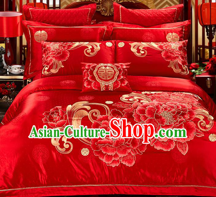 Traditional Asian Chinese Style Wedding Article Palace Lace Qulit Cover Bedding Sheet Complete Set, Embroidered Peony Flowers Satin Drill Ten-piece Duvet Cover Textile Bedding Suit