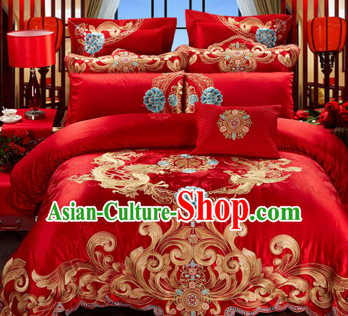 Traditional Asian Chinese Style Wedding Article Palace Lace Qulit Cover Bedding Sheet Complete Set, Embroidered Dragon and Phoenix Satin Drill Ten-piece Duvet Cover Textile Bedding Suit