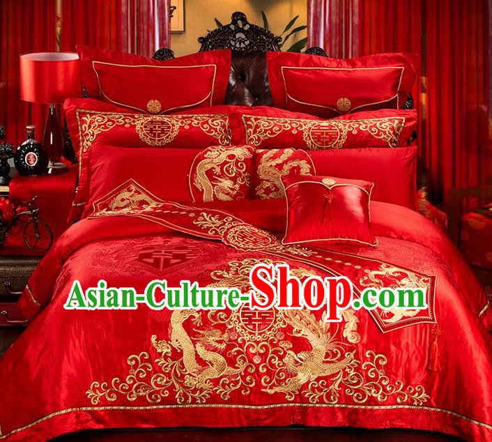 Traditional Asian Chinese Style Wedding Article Palace Lace Qulit Cover Bedding Sheet Complete Set, Embroidered Peony Satin Drill Eleven-piece Duvet Cover Textile Bedding Suit