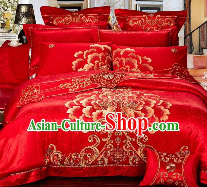 Traditional Asian Chinese Style Wedding Article Palace Lace Qulit Cover Bedding Sheet Complete Set, Embroidered Peony Satin Drill Eleven-piece Duvet Cover Textile Bedding Suit