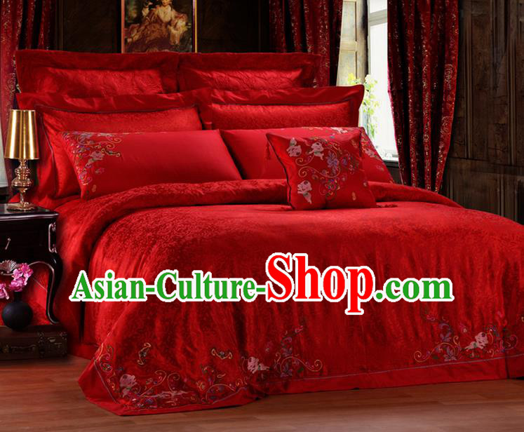 Traditional Asian Chinese Style Wedding Article Palace Lace Qulit Cover Bedding Sheet Complete Set, Embroidered Hundred Sons Satin Drill Eleven-piece Duvet Cover Textile Bedding Suit