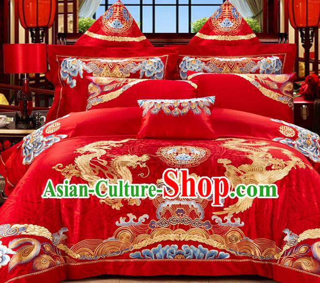 Traditional Asian Chinese Style Wedding Article Palace Lace Qulit Cover Bedding Sheet Complete Set, Embroidered Golden Dragon and Phoenix Satin Drill Eleven-piece Duvet Cover Textile Bedding Suit