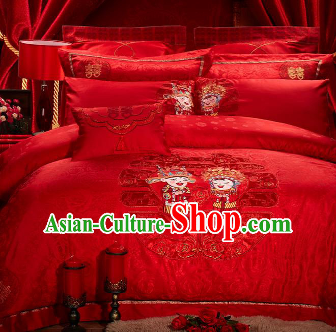 Traditional Asian Chinese Wedding Palace Qulit Cover Bedding Sheet Ten-piece Suit, Embroidered Beijing Opera Bride Satin Drill Duvet Cover Textile Bedding Complete Set