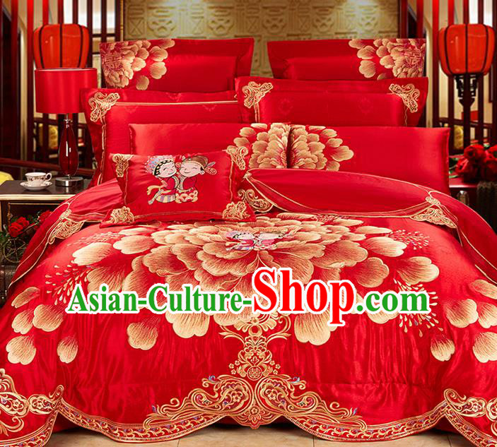 Traditional Asian Chinese Wedding Palace Qulit Cover Bedding Sheet Ten-piece Suit, Embroidered Peony Satin Drill Duvet Cover Textile Bedding Complete Set