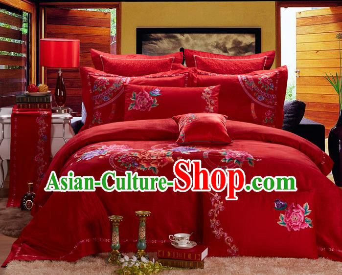 Traditional Asian Chinese Wedding Palace Qulit Cover Bedding Sheet Ten-piece Suit, Embroidered Peony Satin Drill Duvet Cover Textile Bedding Complete Set