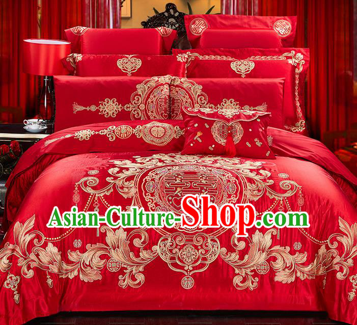 Traditional Asian Chinese Wedding Palace Qulit Cover Bedding Sheet Ten-piece Suit, Embroidered Double Happiness Satin Drill Duvet Cover Textile Bedding Complete Set