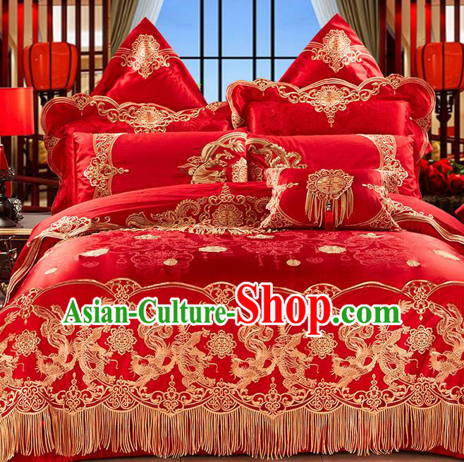 Traditional Asian Chinese Wedding Palace Qulit Cover Bedding Sheet Ten-piece Suit, Embroidered Dragon and Phoenix Satin Drill Duvet Cover Textile Bedding Complete Set