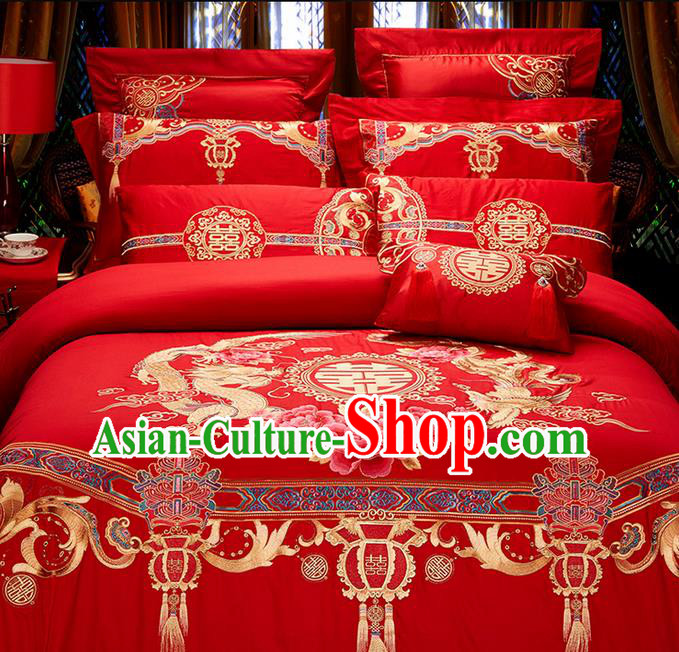 Traditional Asian Chinese Wedding Palace Qulit Cover Bedding Sheet Ten-piece Suit, Embroidered Peony Dragon and Phoenix Satin Drill Duvet Cover Textile Bedding Complete Set