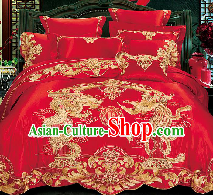 Traditional Asian Chinese Wedding Palace Qulit Cover Bedding Sheet Ten-piece Suit, Embroidered Peony Dragon and Phoenix Satin Drill Duvet Cover Textile Bedding Complete Set