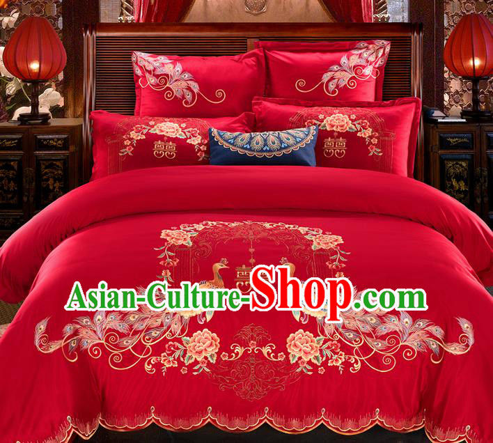 Traditional Asian Chinese Wedding Palace Qulit Cover Bedding Sheet Seven-piece Suit, Embroidered Phoenix Peony Cotton Duvet Cover Textile Bedding Complete Set