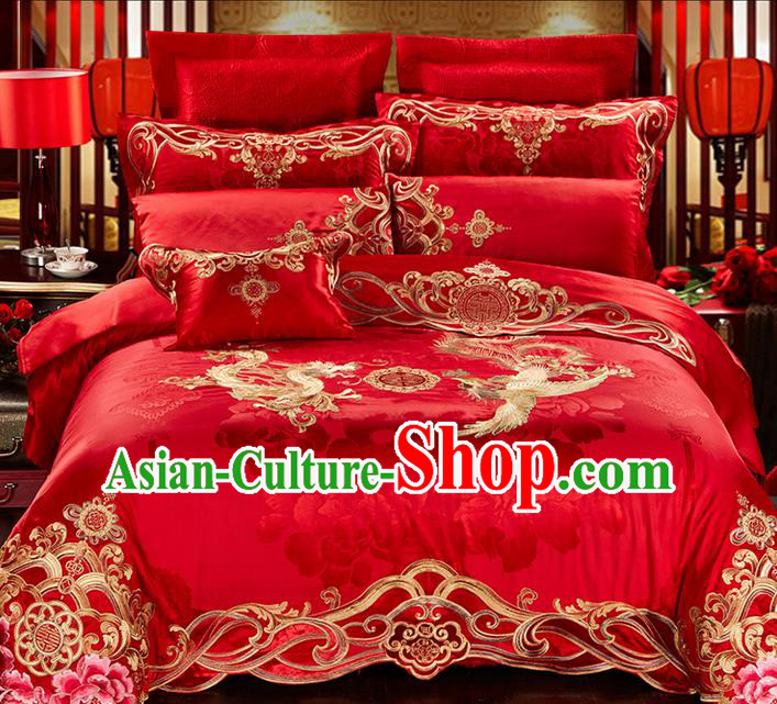 Traditional Asian Chinese Wedding Palace Qulit Cover Bedding Sheet Ten-piece Suit, Embroidered Dragon and Phoenix Satin Drill Duvet Cover Textile Bedding Complete Set