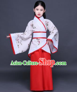 Traditional Ancient Chinese Imperial Princess Printing Costume, Children Elegant Hanfu Clothing Chinese Han Dynasty Red Curve Bottom Dress Clothing for Kids