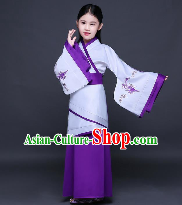 Traditional Ancient Chinese Imperial Princess Printing Phoenix Costume, Children Elegant Hanfu Clothing Chinese Han Dynasty Purple Curve Bottom Dress Clothing for Kids