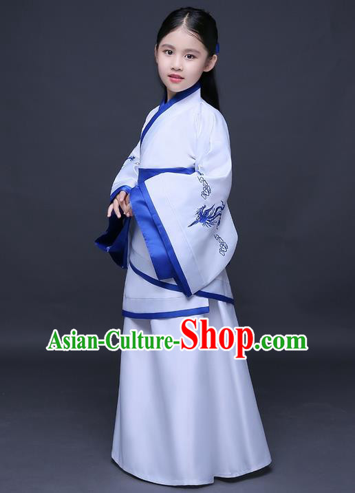 Traditional Ancient Chinese Imperial Princess Printing Phoenix Costume, Children Elegant Hanfu Clothing Chinese Han Dynasty White Curve Bottom Dress Clothing for Kids