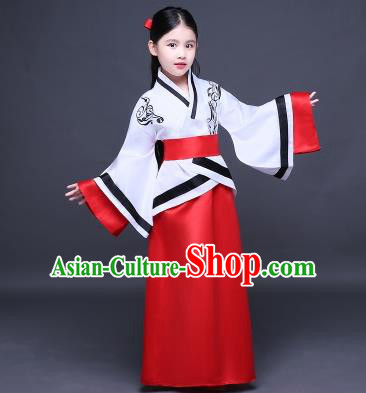 Traditional Ancient Chinese Imperial Princess Fairy Embroidery Costume, Children Elegant Hanfu Clothing Han Dynasty White Curve Bottom Dress Clothing for Kids