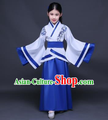 Traditional Ancient Chinese Imperial Princess Fairy Embroidery Costume, Children Elegant Hanfu Clothing Han Dynasty Royalblue Curve Bottom Dress Clothing for Kids