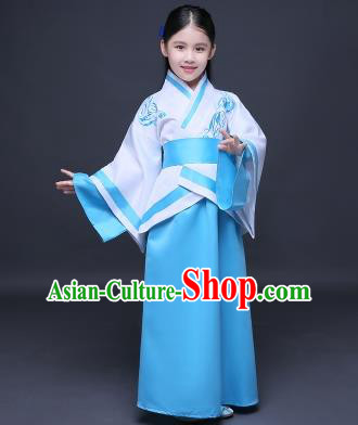 Traditional Ancient Chinese Imperial Princess Fairy Embroidery Costume, Children Elegant Hanfu Clothing Han Dynasty Blue Curve Bottom Dress Clothing for Kids