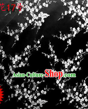Asian Chinese Traditional Embroidery White Plum Blossom Black Silk Fabric, Top Grade Brocade Embroidered Tang Suit Hanfu Dress Fabric Cheongsam Material