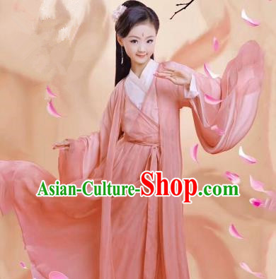 Traditional Ancient Chinese Apsara Girls Embroidery Wedding Costume, Children Elegant Hanfu Clothing Tang Dynasty Princess Fairy Pink Dress Clothing for Kids