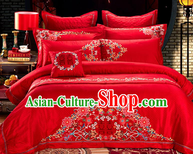 Traditional Asian Chinese Style Wedding Article Embroidery Happy Character Satin Drill Bedding Sheet Complete Set, Duvet Cover Phoenix Red Lace Textile Bedding Six-piece Suit