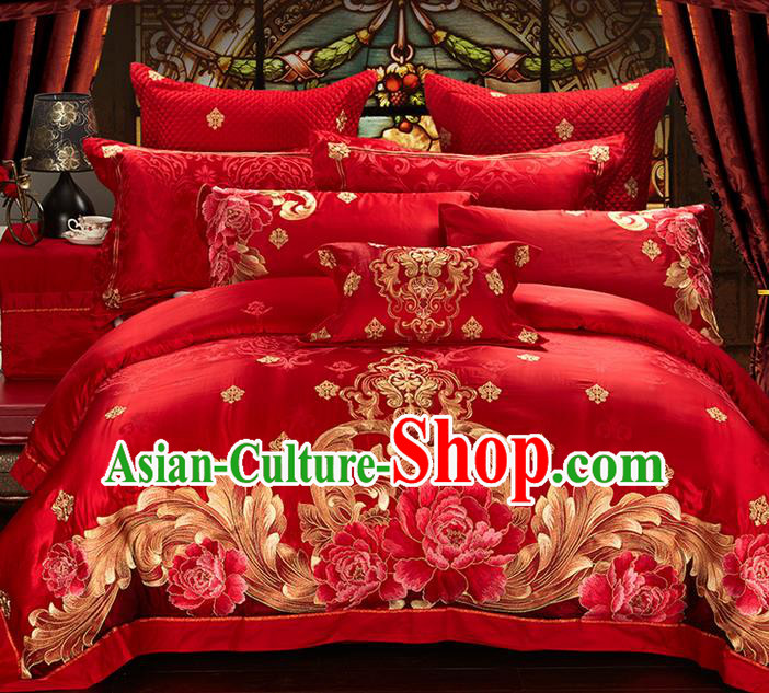 Traditional Asian Chinese Style Wedding Article Embroidery Peony Bedding Sheet Complete Set, Duvet Cover Red Satin Drill Textile Bedding Ten-piece Suit