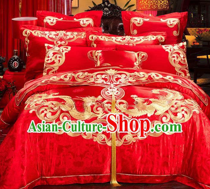 Traditional Asian Chinese Style Wedding Article Embroidery Dragon and Phoenix Bedding Sheet Complete Set, Duvet Cover Red Satin Drill Textile Bedding Ten-piece Suit