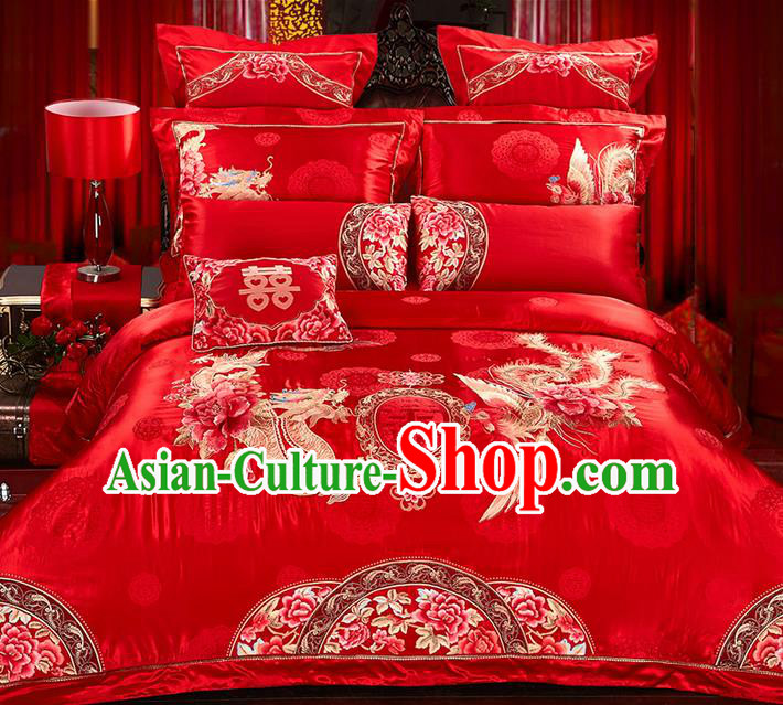 Traditional Asian Chinese Style Wedding Article Embroidery Dragon and Phoenix Bedding Sheet Complete Set, Peony Duvet Cover Red Satin Drill Textile Bedding Ten-piece Suit