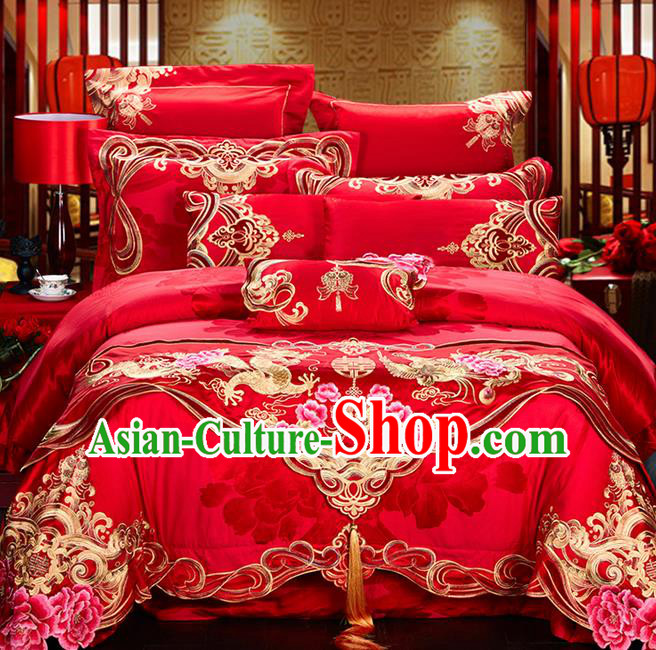 Traditional Asian Chinese Style Wedding Article Jacquard Weave Bedding Sheet Complete Set, Embroidery Dragon and Phoenix Red Eleven-piece Duvet Cover Satin Drill Textile Bedding Suit