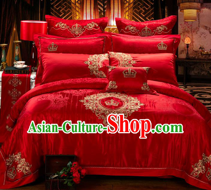 Traditional Asian Chinese Style Wedding Article Jacquard Weave Bedding Sheet Complete Set, Embroidery Royal Crown Red Ten-piece Duvet Cover Satin Drill Textile Bedding Suit