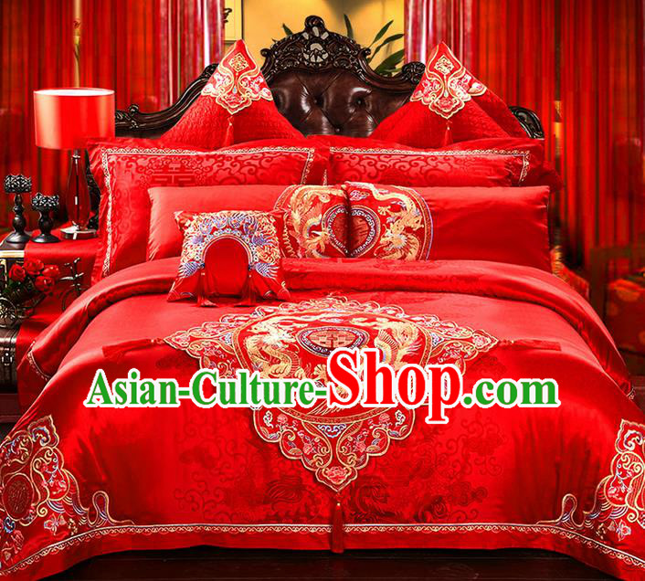 Traditional Asian Chinese Style Wedding Article Peking Opera Bedding Sheet Complete Set, Embroidery Dragon and Phoenix Red Eleven-piece Duvet Cover Satin Drill Textile Bedding Suit