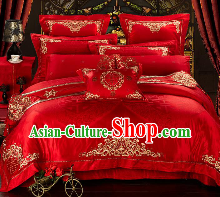 Traditional Asian Chinese Style Wedding Article Bedding Double Happiness Sheet Complete Set, Golden Embroidery Red Eleven-piece Duvet Cover Satin Drill Textile Bedding Suit