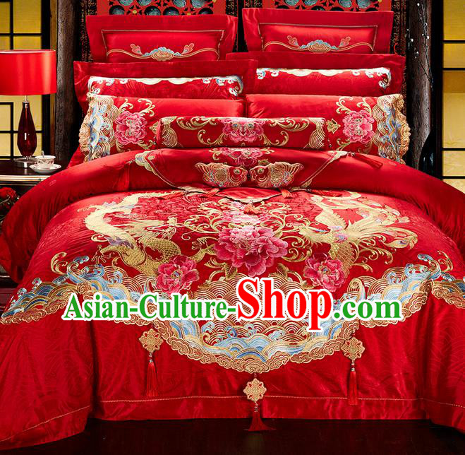 Traditional Asian Chinese Style Wedding Article Bedding Peony Sheet Complete Set, Embroidery Dragon and Phoenix Red Twelve-piece Duvet Cover Satin Drill Textile Bedding Suit
