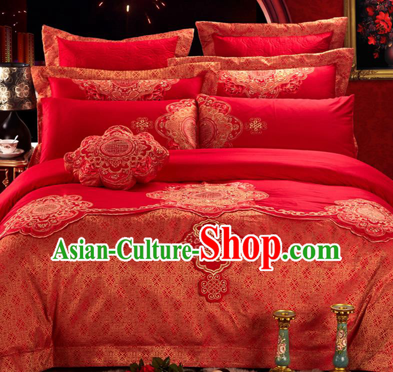 Traditional Asian Chinese Style Wedding Article Bedding Sheet Complete Set, Embroidery Red Nine-piece Duvet Cover Satin Drill Textile Bedding Suit