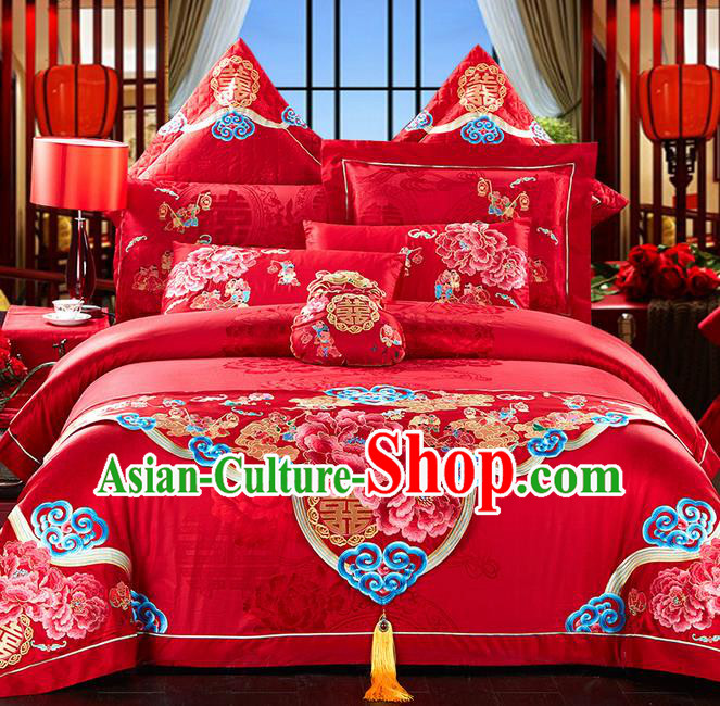 Traditional Asian Chinese Style Wedding Article Bedding Hundred Sons Sheet Complete Set, Embroidery Peony Red Eleven-piece Duvet Cover Satin Drill Textile Bedding Suit