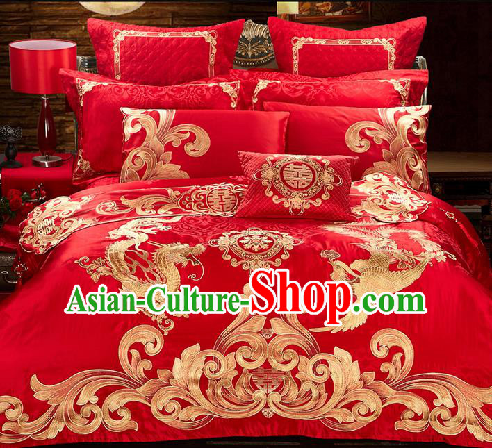 Traditional Asian Chinese Style Wedding Article Bedding Red Sheet Complete Set, Embroidery Dragon and Phoenix Eleven-piece Duvet Cover Satin Drill Textile Bedding Suit