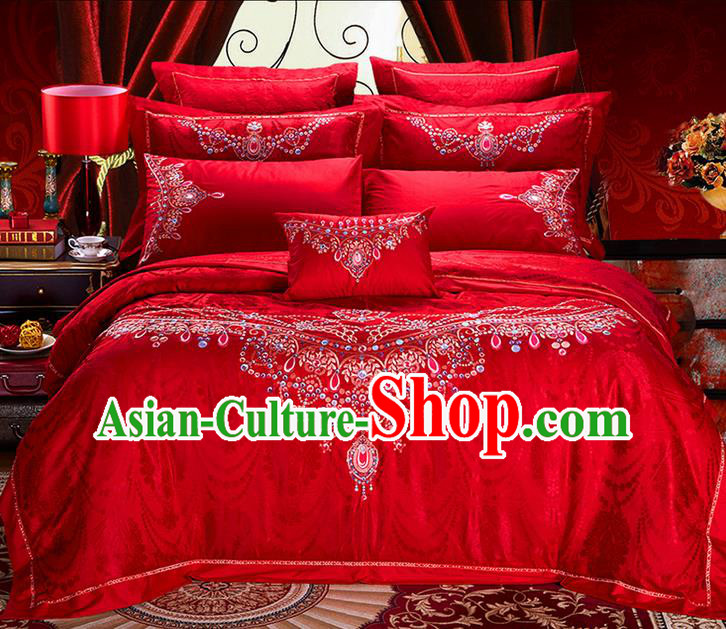 Traditional Asian Chinese Style Wedding Article Bedding Red Sheet Complete Set, Embroidery Bride Ten-piece Duvet Cover Satin Drill Textile Bedding Suit