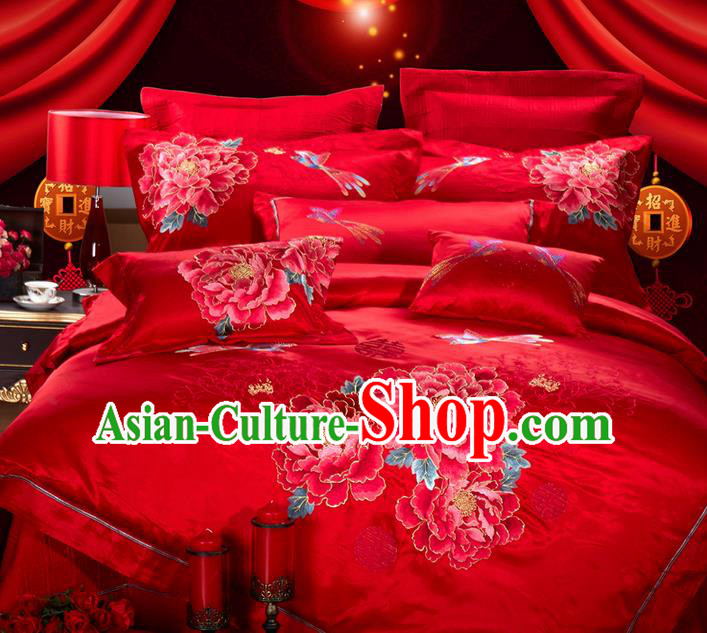 Traditional Asian Chinese Style Wedding Article Bedding Red Sheet Complete Set, Embroidery Peony Eleven-piece Duvet Cover Satin Drill Textile Bedding Suit