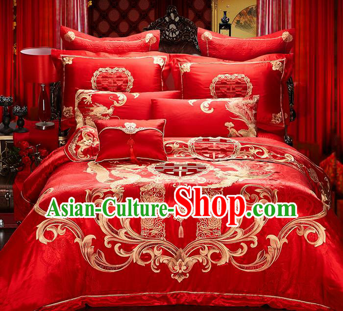 Traditional Asian Chinese Style Wedding Article Bedding Golden Dragon and Phoenix Sheet Complete Set, Embroidery Six-piece Duvet Cover Satin Drill Textile Bedding Suit