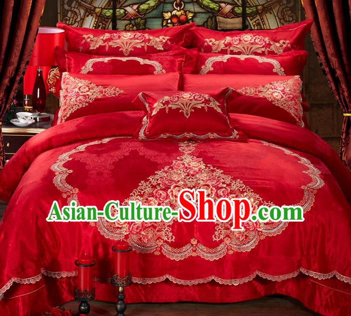 Traditional Asian Chinese Style Wedding Article Bedding Heart-shaped Sheet Complete Set, Embroidery Peony Ten-piece Duvet Cover Satin Drill Textile Bedding Suit