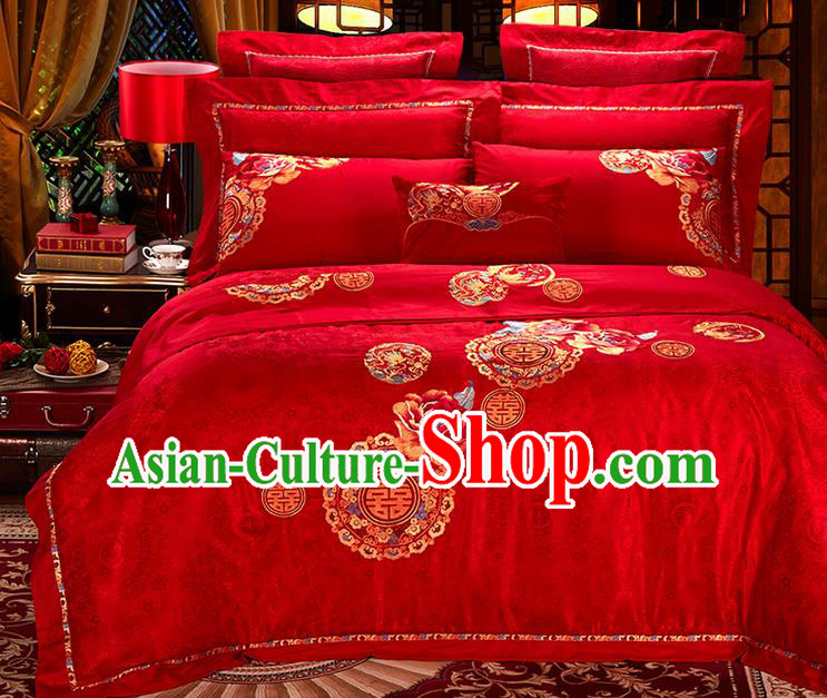 Traditional Asian Chinese Style Wedding Article Embroidery Happy Character Satin Drill Bedding Sheet Complete Set, Duvet Cover Red Lace Textile Bedding Six-piece Suit