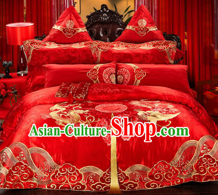 Traditional Asian Chinese Style Wedding Article Bedding Peking Opera Sheet Complete Set, Embroidery Dragon and Phoenix Twelve-piece Duvet Cover Satin Drill Textile Bedding Suit