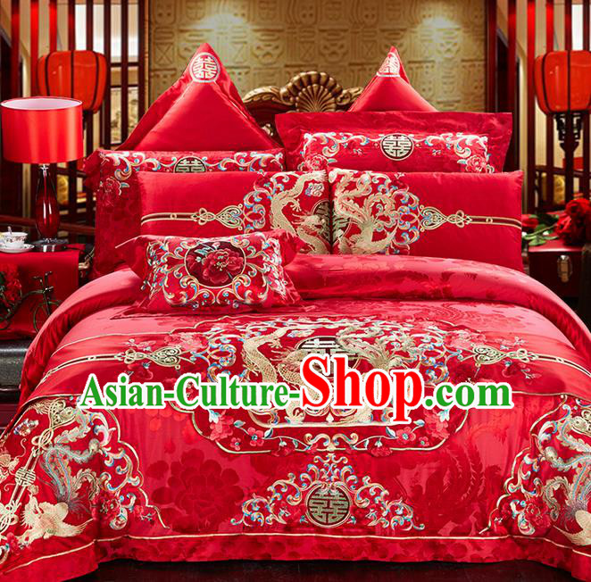 Traditional Asian Chinese Style Wedding Article Bedding Sheet Complete Set, Embroidery Peony Dragon and Phoenix Eleven-piece Duvet Cover Satin Drill Textile Bedding Suit