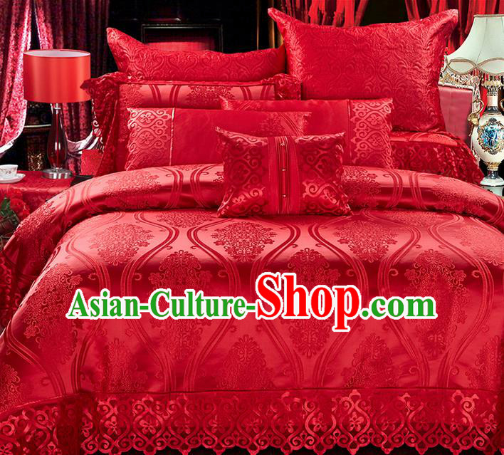 Traditional Asian Chinese Style Wedding Article Bedding Sheet Complete Set, Jacquard Weave Satin Drill Ten-piece Duvet Cover Textile Bedding Suit